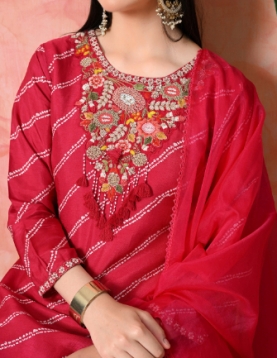 Designer Embroidered Salwar Suit, Rani Diagonal Striped, Floral Neckline with Dupatta