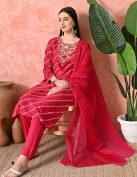 Designer Embroidered Salwar Suit, Rani Diagonal Striped, Floral Neckline with Dupatta