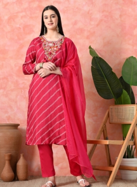 Designer Embroidered Salwar Suit, Rani Diagonal Striped, Floral Neckline with Dupatta