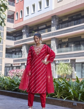 Designer Embroidered Salwar Suit, Red Diagonal Striped, Floral Neckline with Dupatta