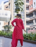 Designer Embroidered Salwar Suit, Red Diagonal Striped, Floral Neckline with Dupatta