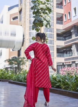 Designer Embroidered Salwar Suit, Red Diagonal Striped, Floral Neckline with Dupatta