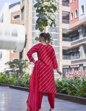 Designer Embroidered Salwar Suit, Red Diagonal Striped, Floral Neckline with Dupatta