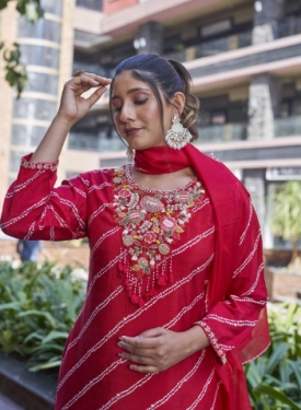Designer Embroidered Salwar Suit, Red Diagonal Striped, Floral Neckline with Dupatta