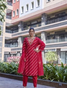 Designer Embroidered Salwar Suit, Red Diagonal Striped, Floral Neckline with Dupatta