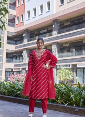 Designer Embroidered Salwar Suit, Red Diagonal Striped, Floral Neckline with Dupatta