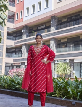 Designer Embroidered Salwar Suit, Red Diagonal Striped, Floral Neckline with Dupatta