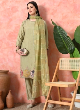 Desi India Women's Light Green Embroidered Salwar Suit Set, Traditional Ethnic Wear with Dupatta
