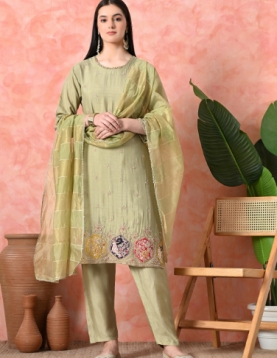 Desi India Women's Light Green Embroidered Salwar Suit Set, Traditional Ethnic Wear with Dupatta
