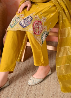 Desi India Women's Mustard Embroidered Salwar Suit Set, Traditional Ethnic Wear with Dupatta