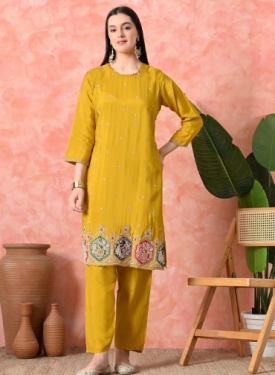 Desi India Women's Mustard Embroidered Salwar Suit Set, Traditional Ethnic Wear with Dupatta