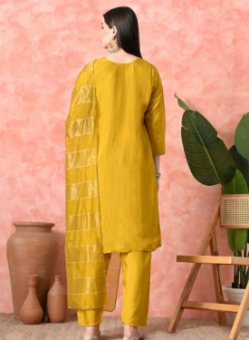 Desi India Women's Mustard Embroidered Salwar Suit Set, Traditional Ethnic Wear with Dupatta