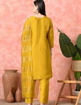 Desi India Women's Mustard Embroidered Salwar Suit Set, Traditional Ethnic Wear with Dupatta