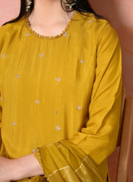 Desi India Women's Mustard Embroidered Salwar Suit Set, Traditional Ethnic Wear with Dupatta