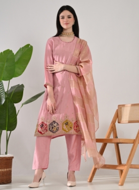 Desi India Women's Onion Pink Embroidered Salwar Suit Set, Traditional Ethnic Wear with Dupatta