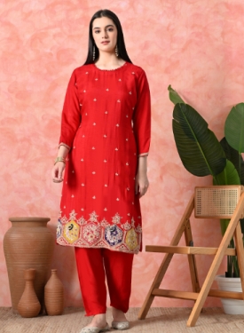 Desi India Women's Red Embroidered Salwar Suit Set, Traditional Ethnic Wear with Dupatta