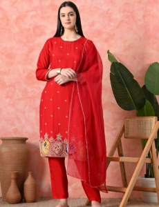 Desi India Women's Red Embroidered Salwar Suit Set, Traditional Ethnic Wear with Dupatta