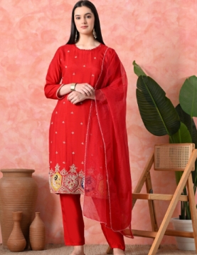 Desi India Women's Red Embroidered Salwar Suit Set, Traditional Ethnic Wear with Dupatta