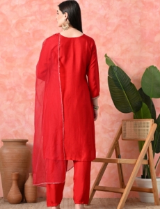 Desi India Women's Red Embroidered Salwar Suit Set, Traditional Ethnic Wear with Dupatta