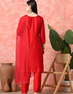 Desi India Women's Red Embroidered Salwar Suit Set, Traditional Ethnic Wear with Dupatta