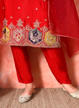 Desi India Women's Red Embroidered Salwar Suit Set, Traditional Ethnic Wear with Dupatta