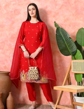 Desi India Women's Red Embroidered Salwar Suit Set, Traditional Ethnic Wear with Dupatta