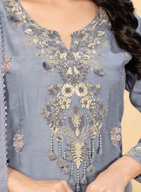 Grey Pure Viscose Dola With Handwork Embroidered Kurta Set with Palazzo Pants and Dupatta