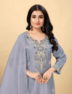 Grey Pure Viscose Dola With Handwork Embroidered Kurta Set with Palazzo Pants and Dupatta