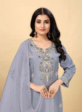 Grey Pure Viscose Dola With Handwork Embroidered Kurta Set with Palazzo Pants and Dupatta