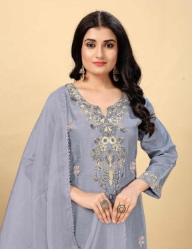 Grey Pure Viscose Dola With Handwork Embroidered Kurta Set with Palazzo Pants and Dupatta