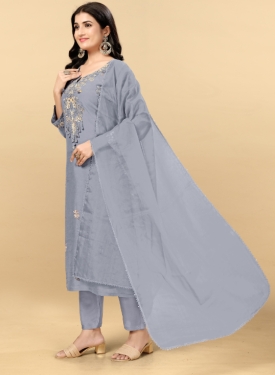 Grey Pure Viscose Dola With Handwork Embroidered Kurta Set with Palazzo Pants and Dupatta