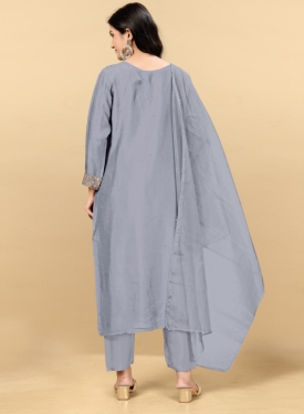 Grey Pure Viscose Dola With Handwork Embroidered Kurta Set with Palazzo Pants and Dupatta