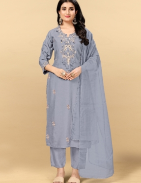 Grey Pure Viscose Dola With Handwork Embroidered Kurta Set with Palazzo Pants and Dupatta