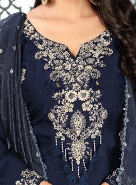 Women's Navy Blue Embroidered Salwar Suit Set with Dupatta, Traditional Ethnic Wear