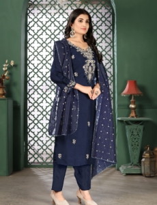 Women's Navy Blue Embroidered Salwar Suit Set with Dupatta, Traditional Ethnic Wear