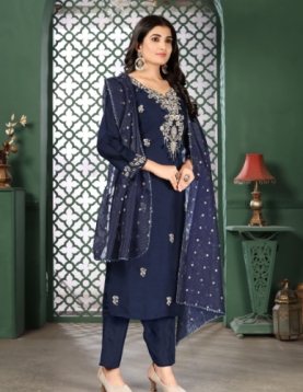 Women's Navy Blue Embroidered Salwar Suit Set with Dupatta, Traditional Ethnic Wear