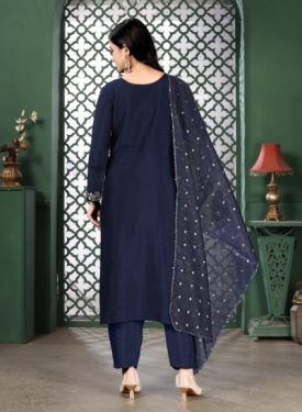 Women's Navy Blue Embroidered Salwar Suit Set with Dupatta, Traditional Ethnic Wear