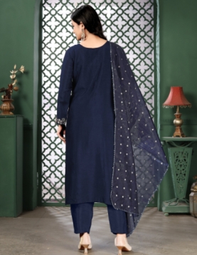 Women's Navy Blue Embroidered Salwar Suit Set with Dupatta, Traditional Ethnic Wear
