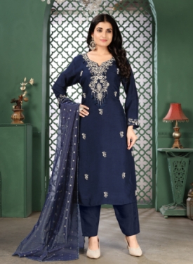 Women's Navy Blue Embroidered Salwar Suit Set with Dupatta, Traditional Ethnic Wear