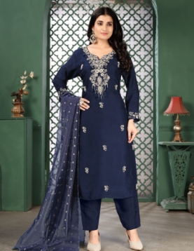 Women's Navy Blue Embroidered Salwar Suit Set with Dupatta, Traditional Ethnic Wear