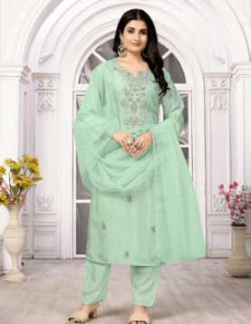 Powder Blue Pure Viscose Dola With Handwork Embroidered Salwar Suit Set with Dupatta
