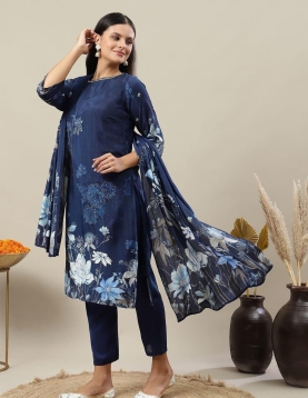 Navy Blue Floral Printed Suit