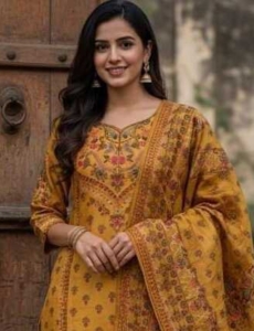 Mustard Yellow Printed Suit Set