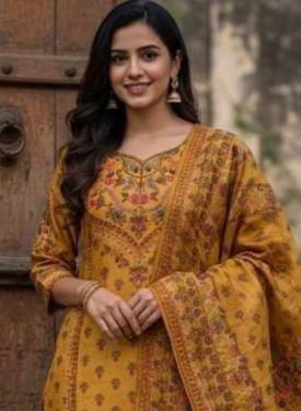 Mustard Yellow Printed Suit Set