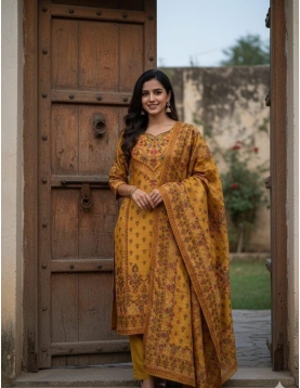 Mustard Yellow Printed Suit Set