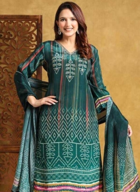Emerald Green Geometric Print Ethnic Suit