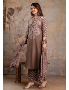 Mocha Brown Bandhani Print Cotton Kurta Set