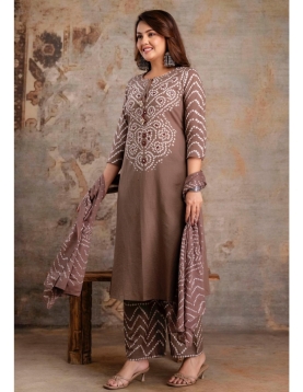 Mocha Brown Bandhani Print Cotton Kurta Set