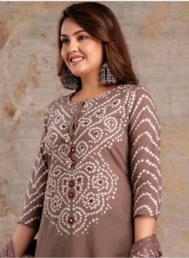 Mocha Brown Bandhani Print Cotton Kurta Set
