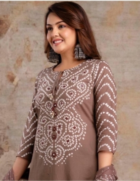 Mocha Brown Bandhani Print Cotton Kurta Set